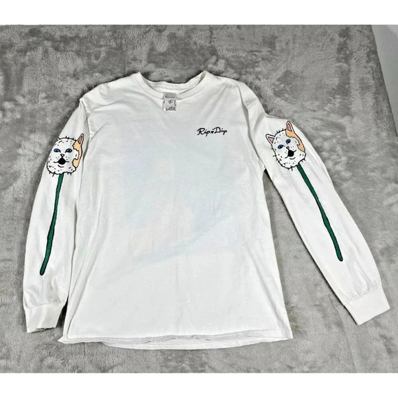 RIP N Dip T Shirt Men's White Long Sleeve Cat Middle Finger RIPNDIP Sz Med - Picture 2 of 12